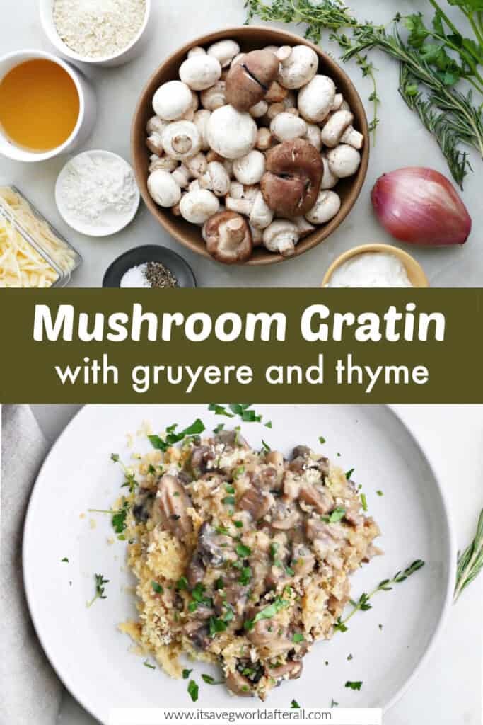 ingredients for mushroom gratin and serving of the recipe separated by text box