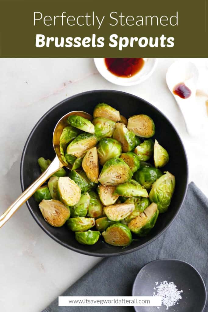 Brussels sprouts in a bowl under text box with recipe name