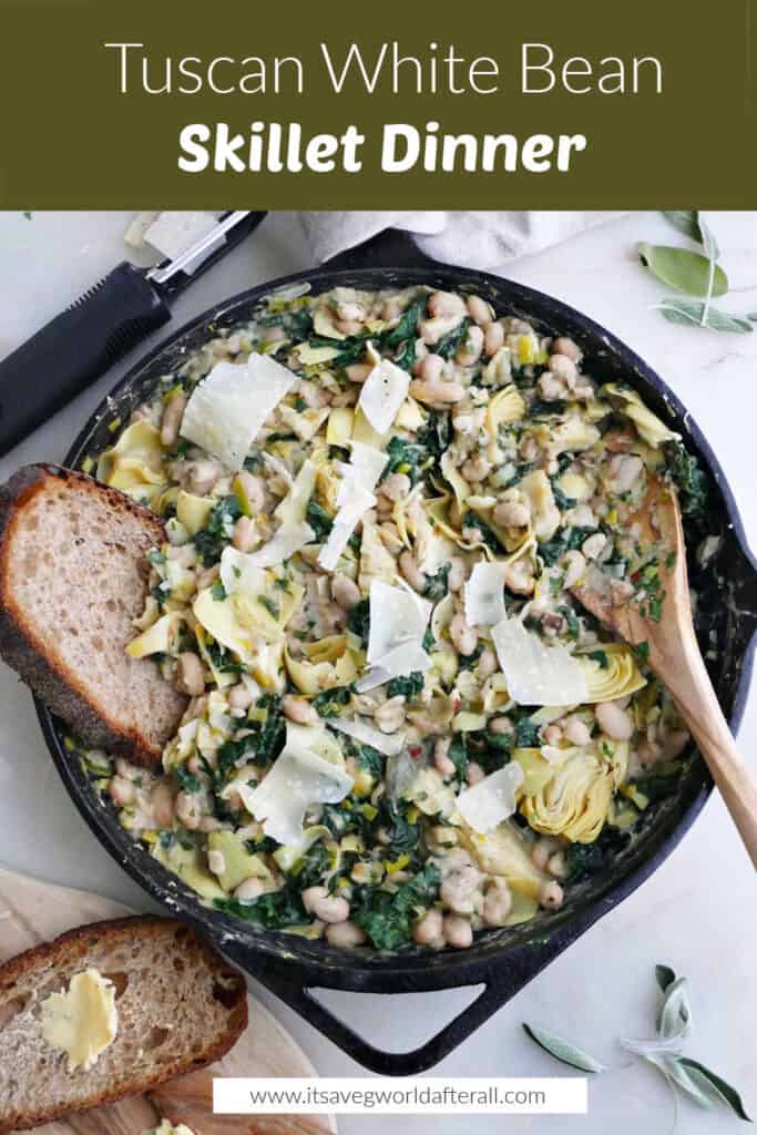 white bean skillet with bread under text box with recipe name