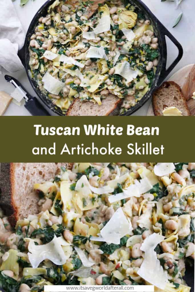 white bean skillet with bread separated by text box with recipe name