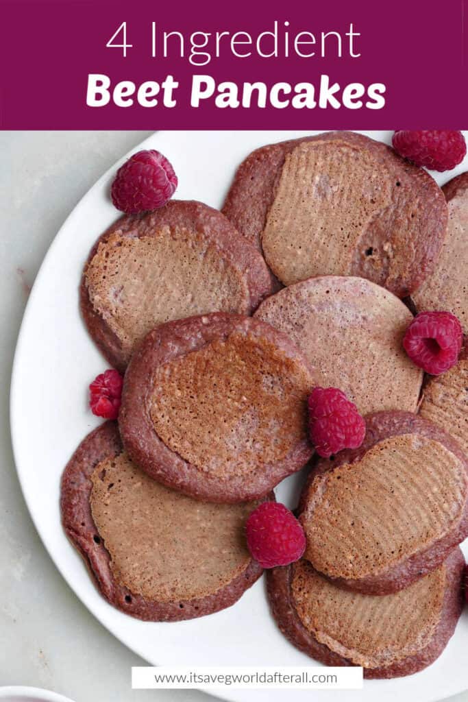 beet pancakes and raspberries on a plate under text box with recipe name