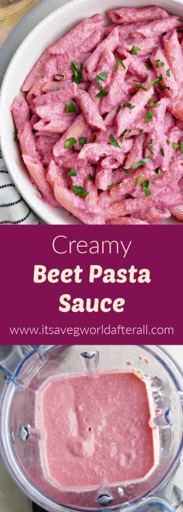 beet pasta in a bowl and sauce in a blender separated by text box