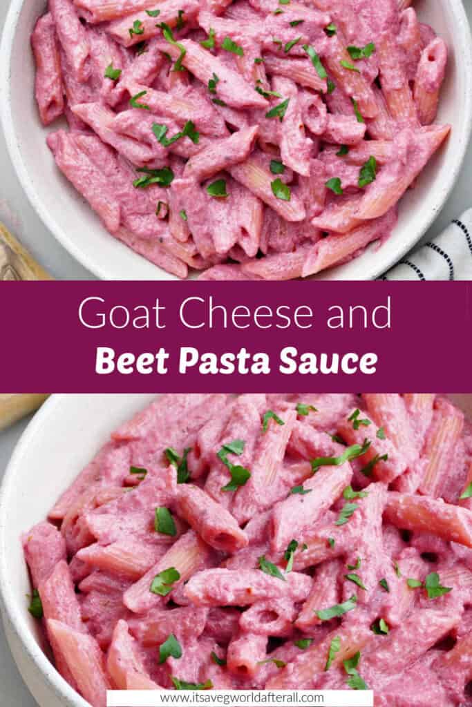 pasta coated in beet sauce separated by text box with recipe name