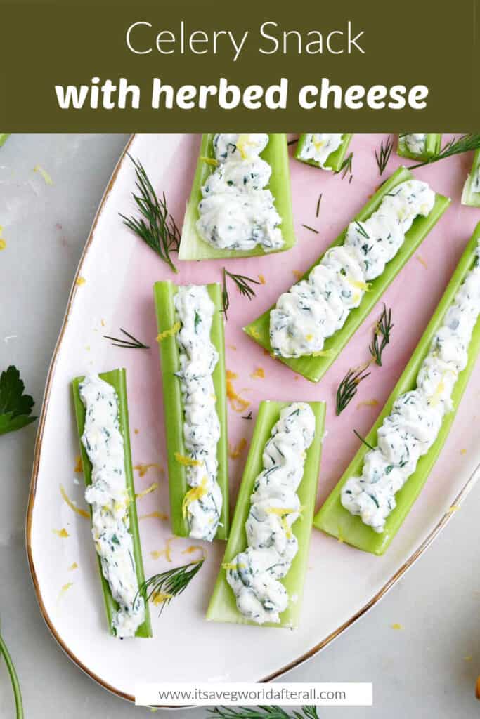 stuffed celery sticks on a tray under text box with recipe name