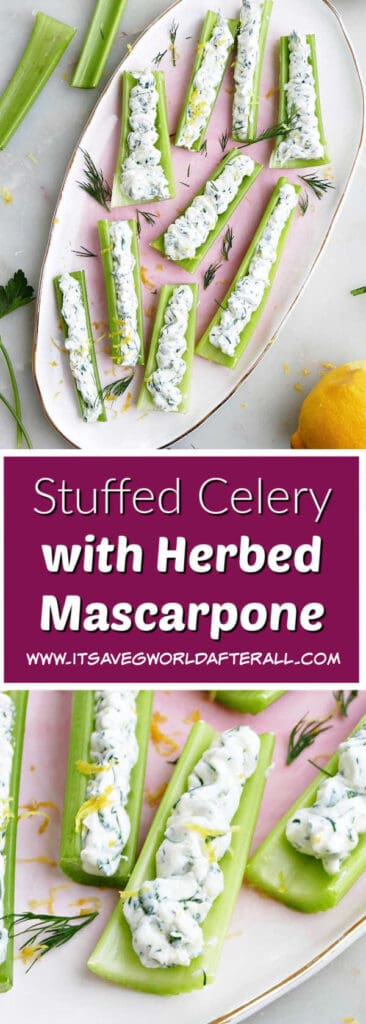 celery sticks on serving trays separated by text box with recipe name