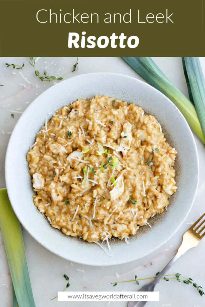 chicken leek risotto under text box with recipe name