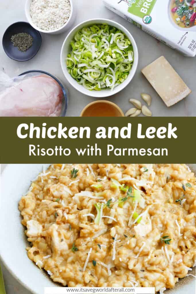 ingredients and chicken leek risotto separated by text box with recipe name