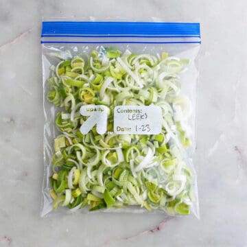 frozen leeks in a labeled, airtight freezer bag