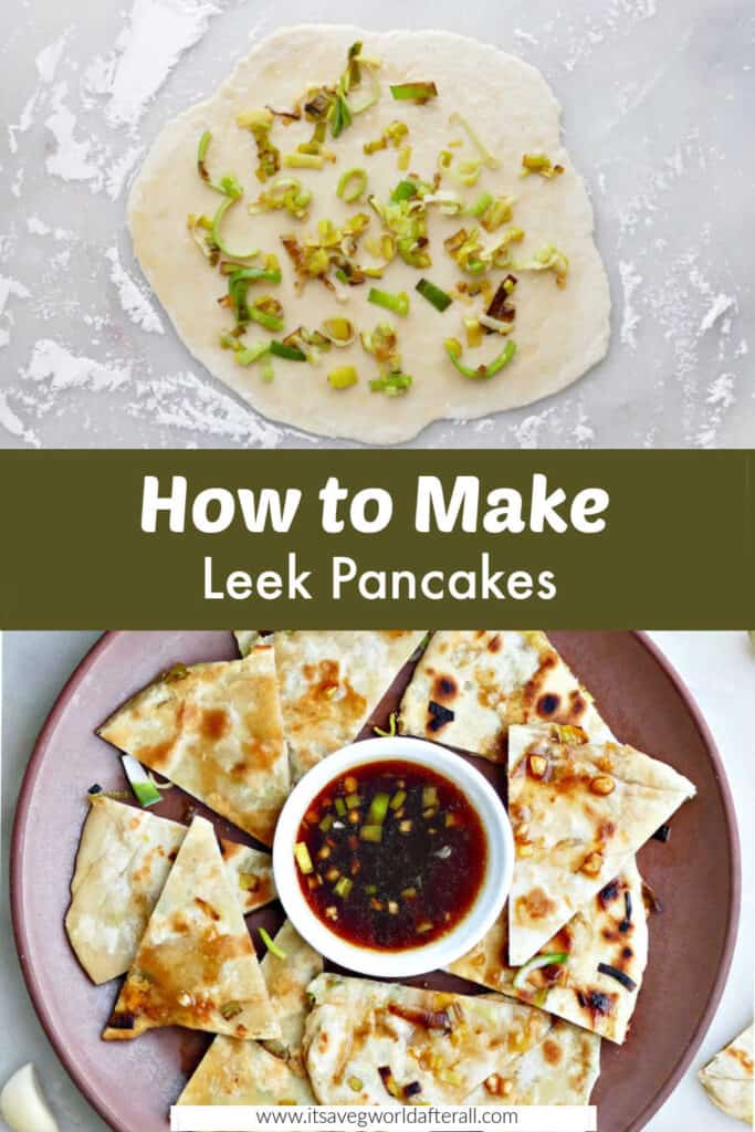 leek pancakes separated by text box with recipe title