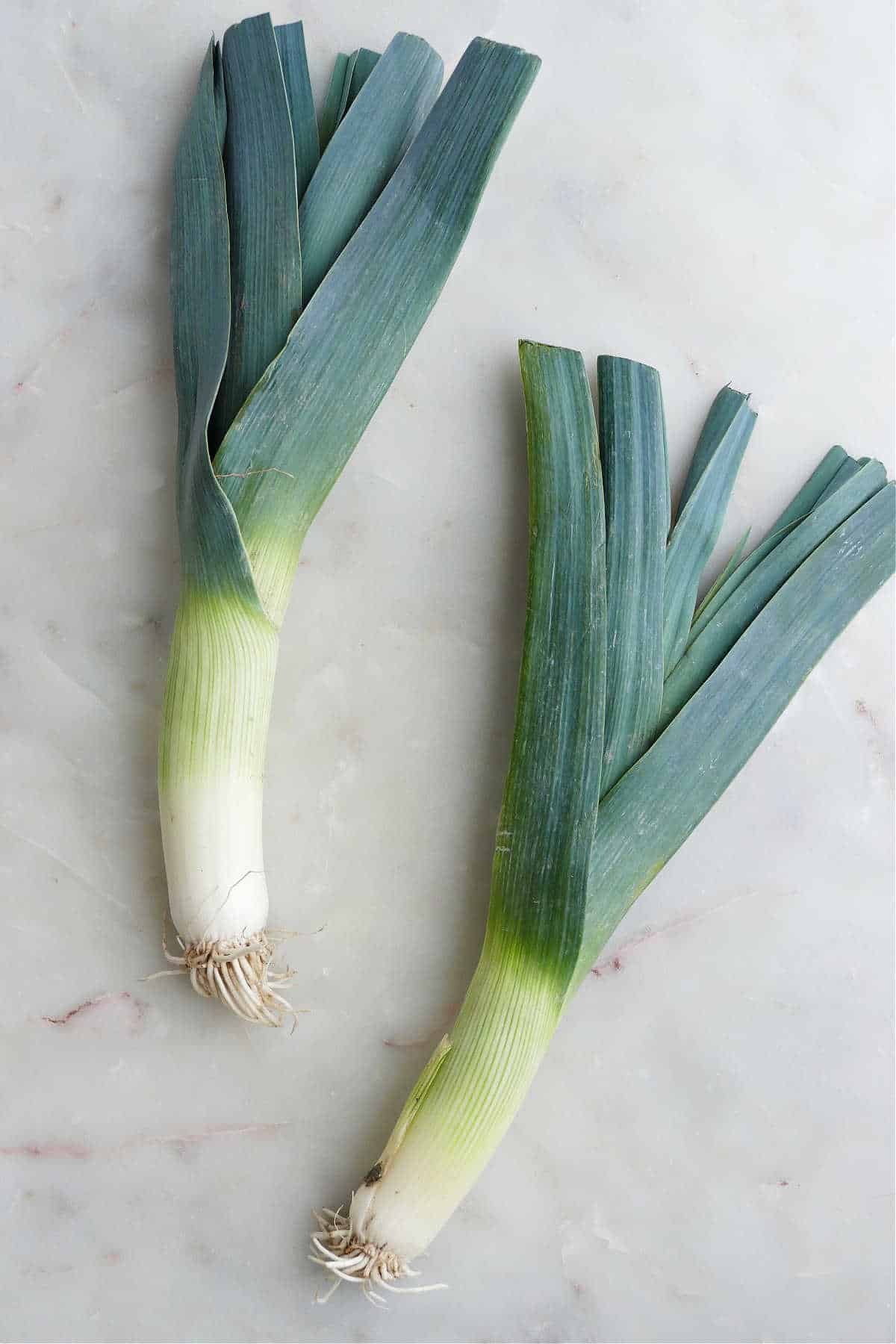 two whole leeks next to each other on a counter