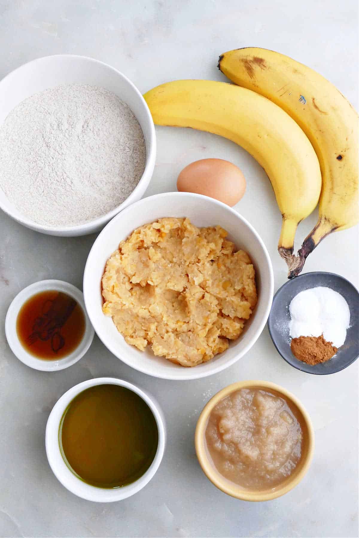 whole wheat flour, bananas, egg, spices, red lentils, applesauce, olive oil, and vanilla extract