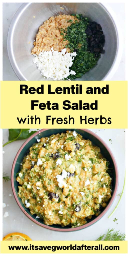 red lentil salad before and after being mixed together separated by text box with recipe title