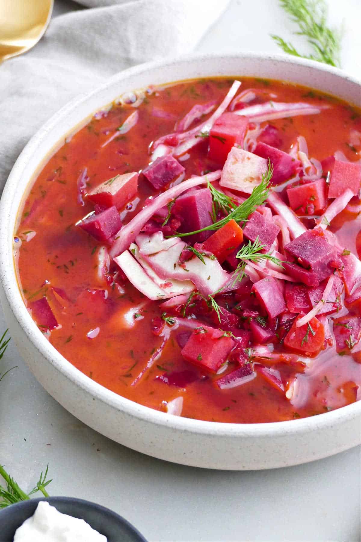 vegetarian borscht in a serving bowl topped with fresh dill