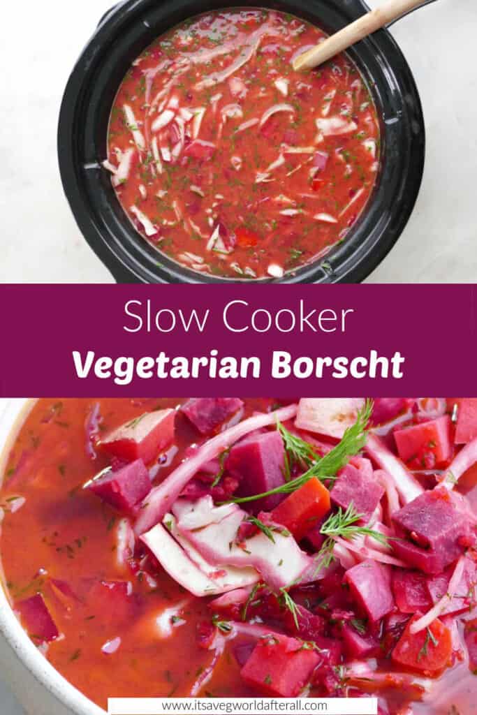 beet stew in a slow cooker and serving bowl separated by text box