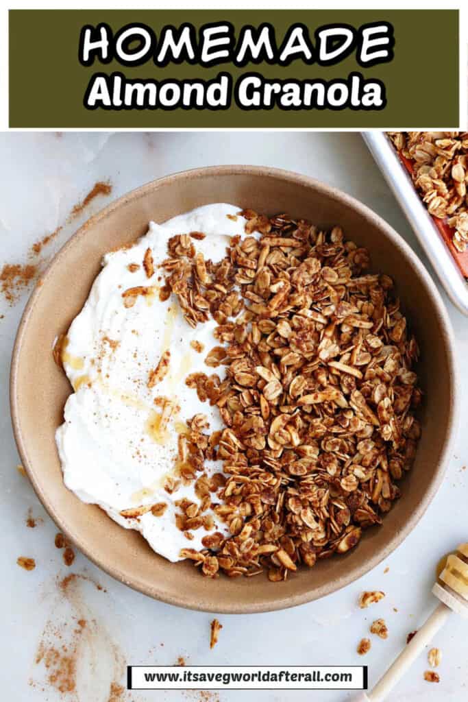 granola and yogurt in a serving bowl under text box with recipe name