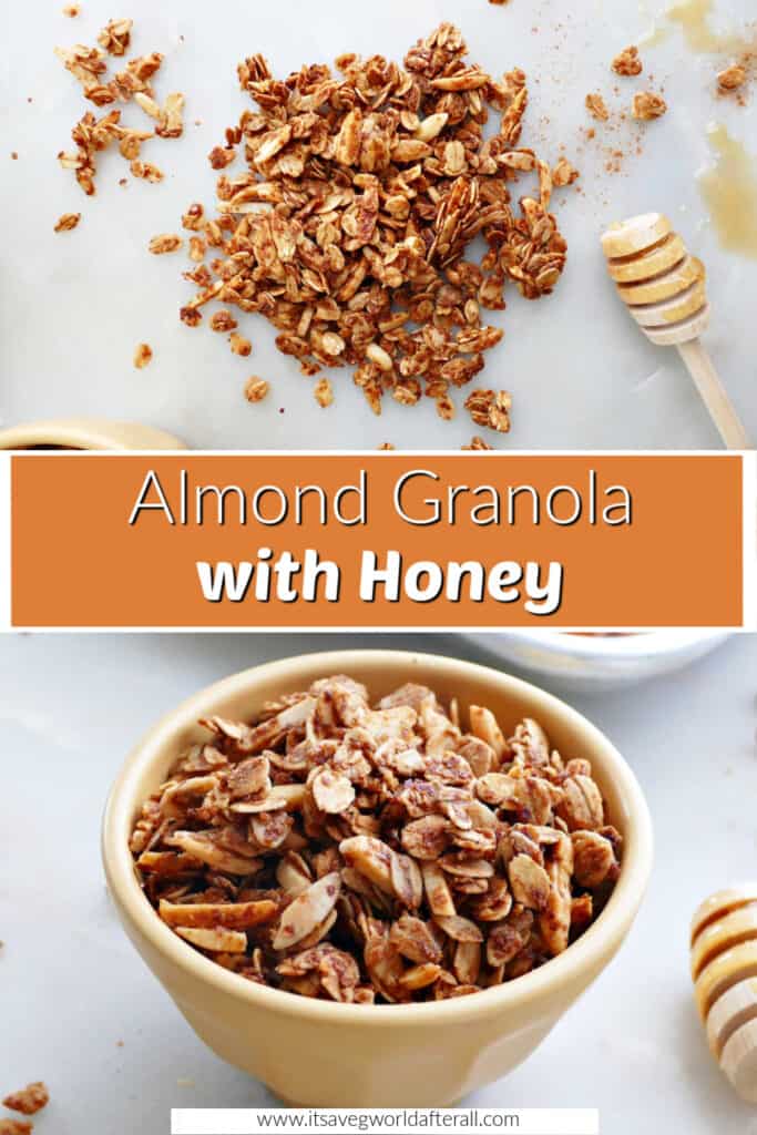 granola on a counter and in a bowl separated by text box with recipe name