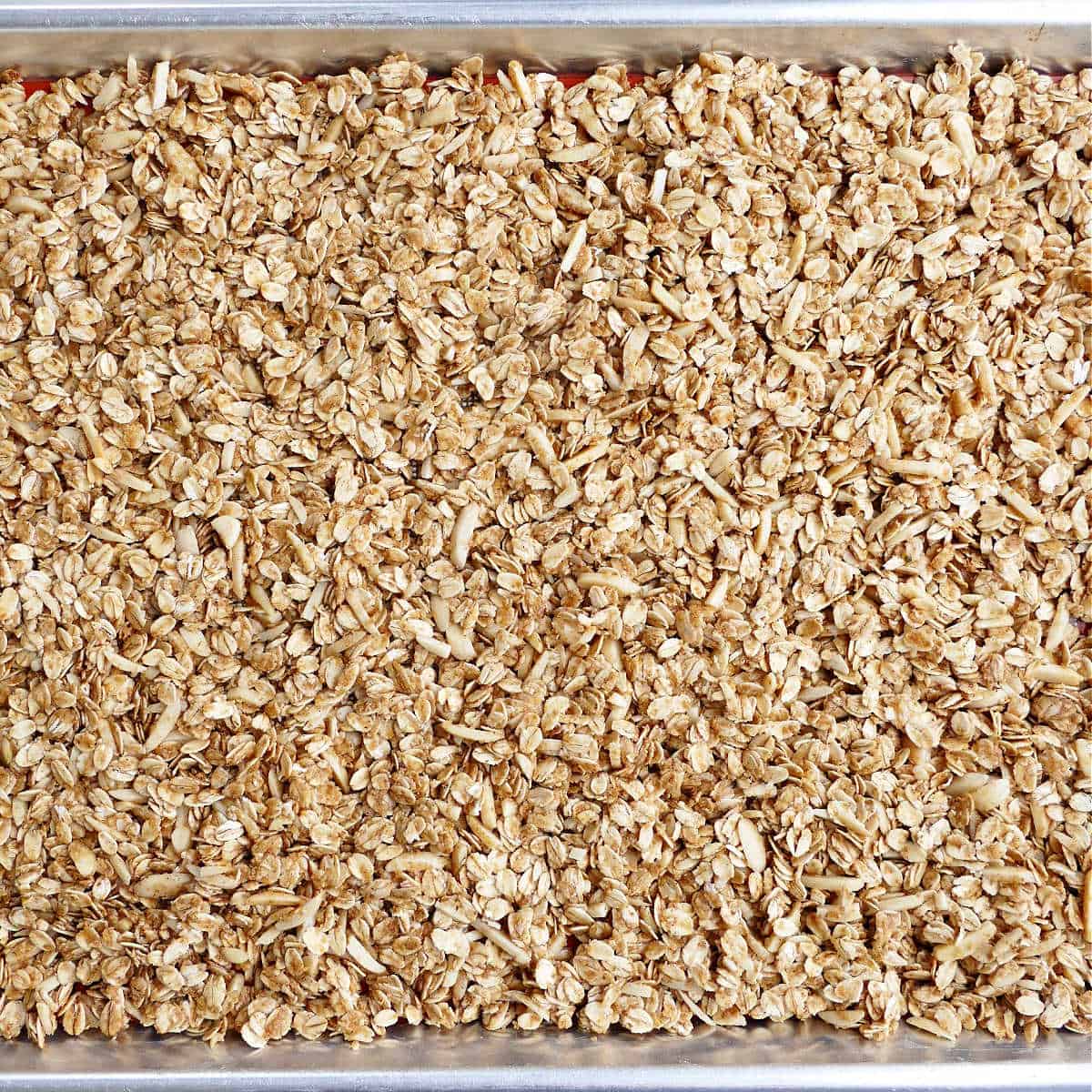 almond granola spread out on a lined baking dish before going into the oven