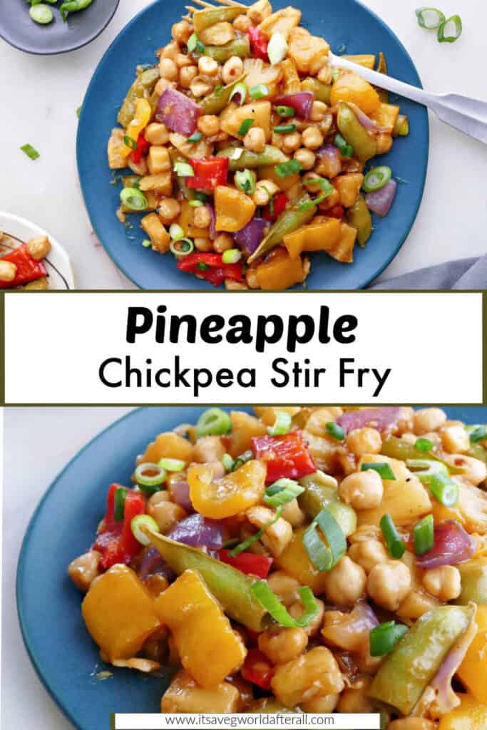 pineapple chickpea stir fry on serving plates separated by text box