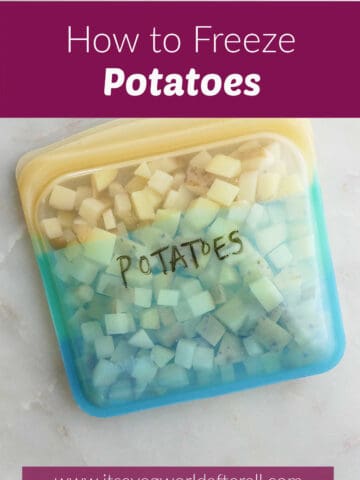 frozen cubed potatoes in a labeled bag with text boxes for post title and website