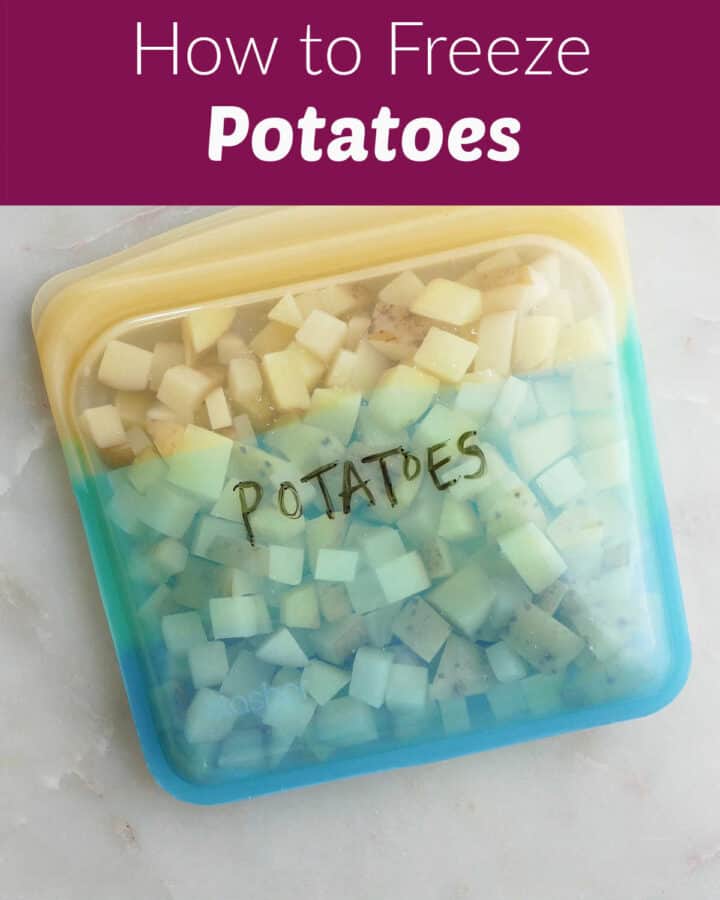 frozen cubed potatoes in a labeled bag with text boxes for post title and website