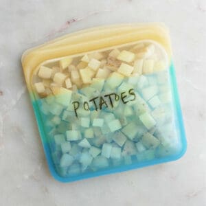 frozen potatoes in a silicone bag labeled with potatoes