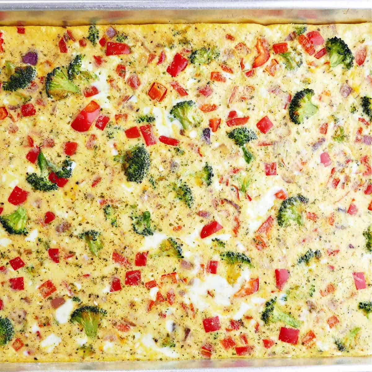 baked sheet pan omelet after coming out of the oven
