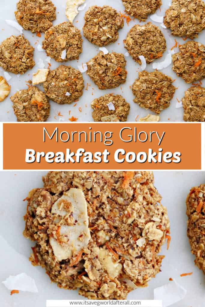 morning glory breakfast cookies on a counter separated by text box with recipe name