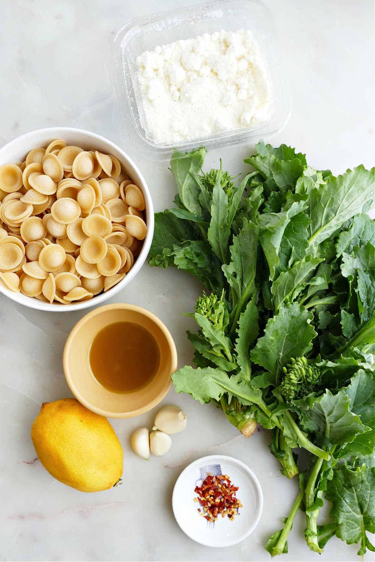 orecchiette, broccoli rabe, Pecorino Romano cheese, olive oil, lemon, garlic, and red pepper flakes on a counter