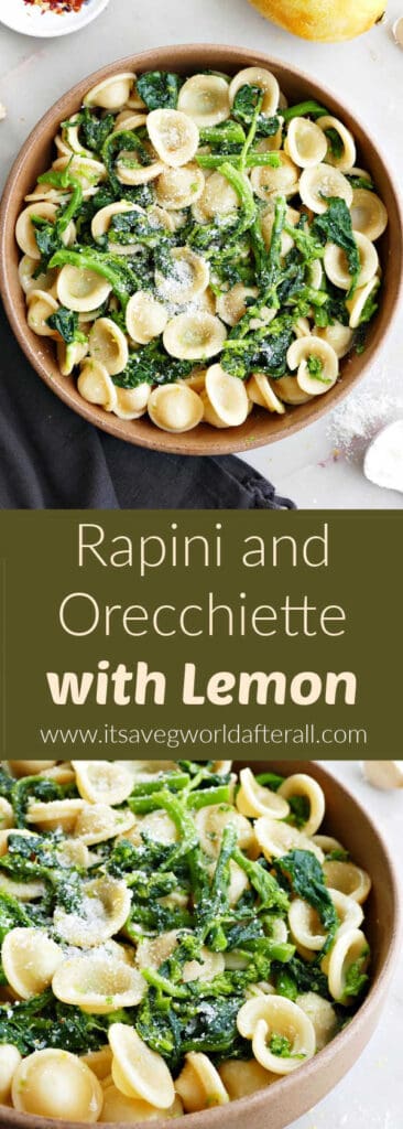 broccoli rabe pasta in a bowl separated by text box with recipe name