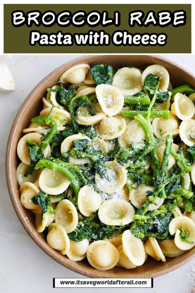 rapini pasta in a serving bowl under text box with recipe name