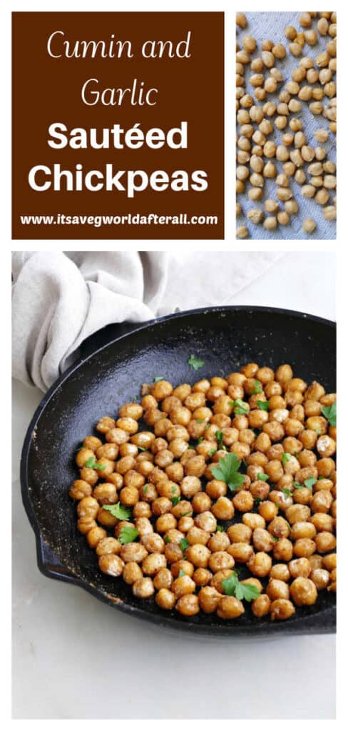 images of sautéed chickpeas with text box for recipe name and website