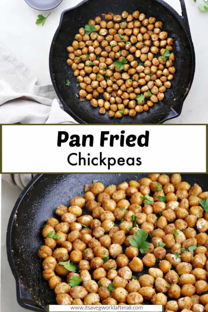 sautéed chickpeas in a skillet separated by text box with recipe name