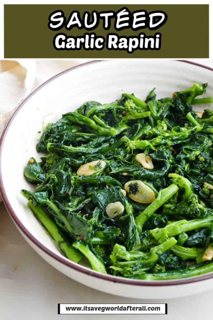 sauteed broccoli rabe in a dish under text box with recipe name