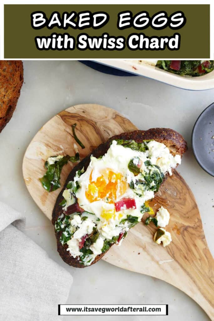 chard and eggs on toast under text box with recipe name