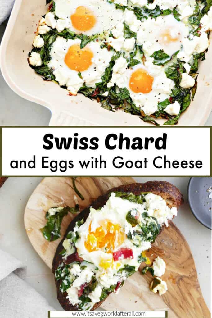 baked eggs and chard in a dish and on toast separated by text box with recipe name