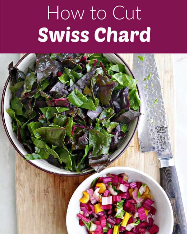 sliced Swiss chard leaves and stems in bowls on a cutting board with text boxes