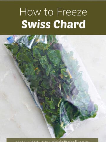 frozen chard in a plastic bag with text boxes for post title and website name