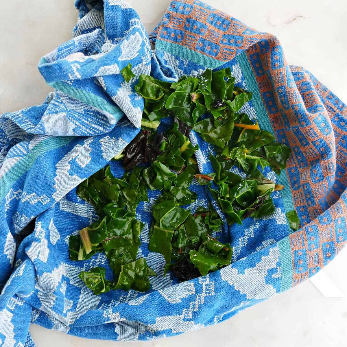 Swiss chard leaves being dried in a dish towel on a counter