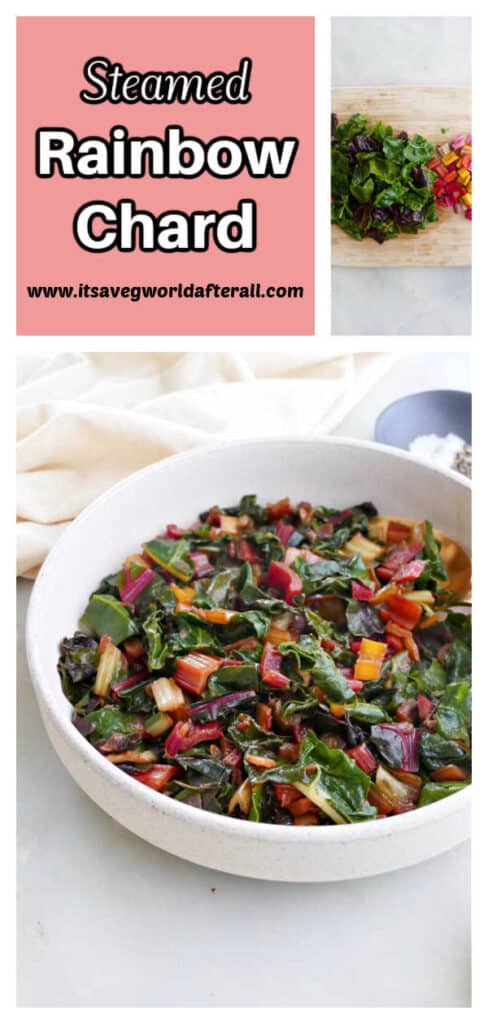 steamed rainbow chard in a bowl with text box for recipe name