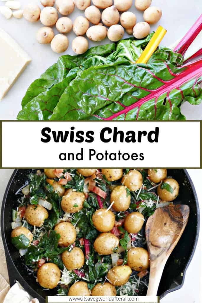 ingredients for Swiss chard potatoes and the dish cooking in a skillet with text boxes