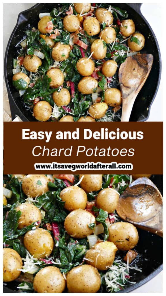 chard and potatoes in a skillet with text boxes with recipe name and website
