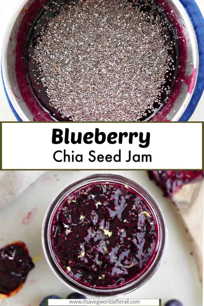 blueberry chia jam cooking and in a jar separated by text box