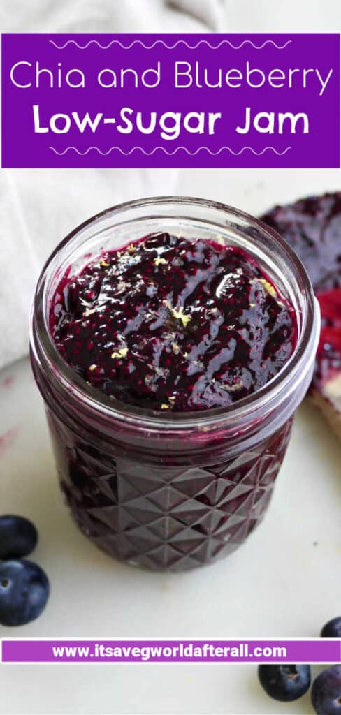 blueberry jam with chia seeds with text box for recipe title and website