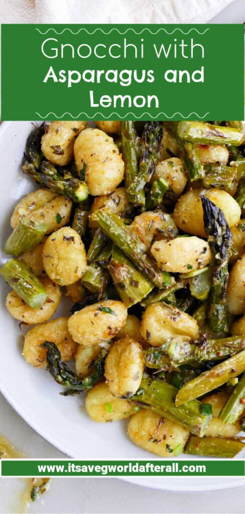 gnocchi with asparagus on a plate with text boxes for recipe name and website