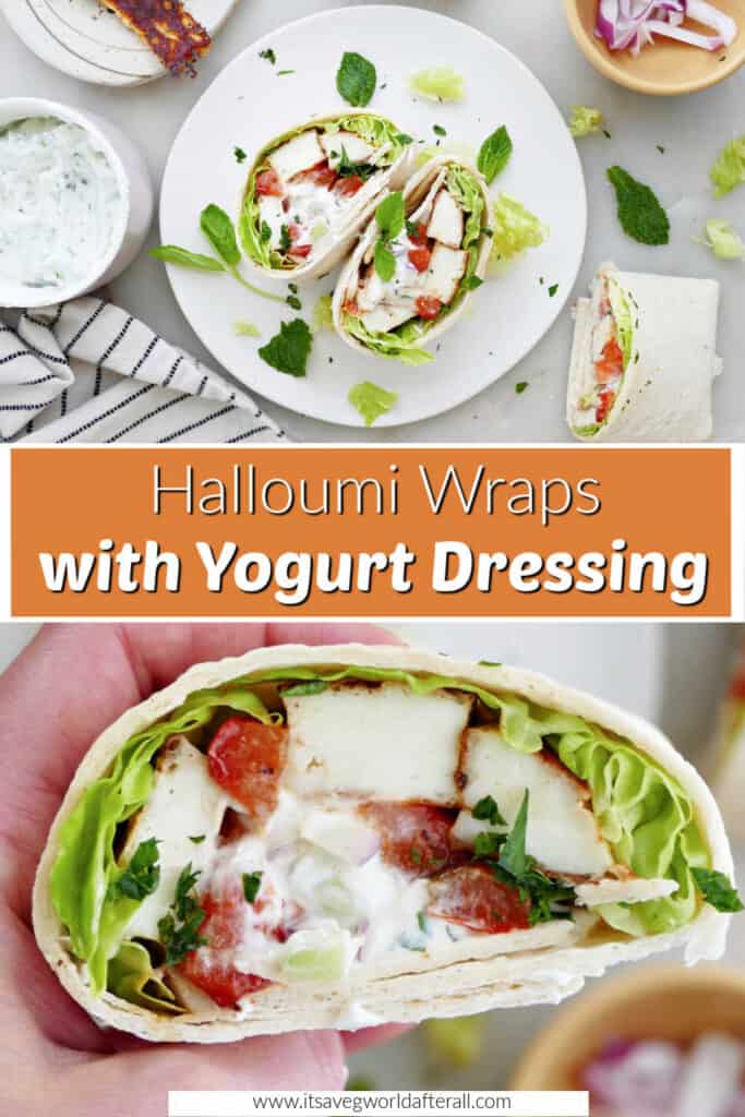 halloumi wraps on plates separated by text box with recipe name