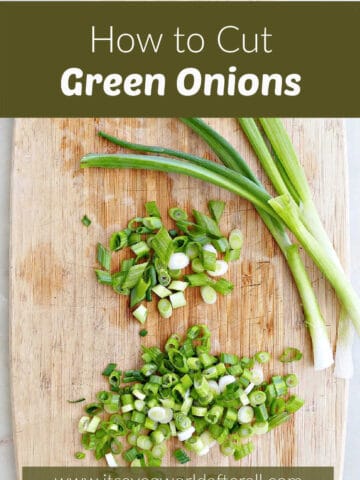 sliced and whole green onions on a cutting board with text boxes for recipe name and website
