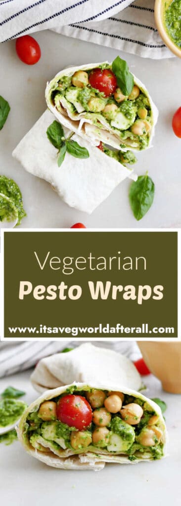pesto wraps on a counter separated by text box with recipe name and website