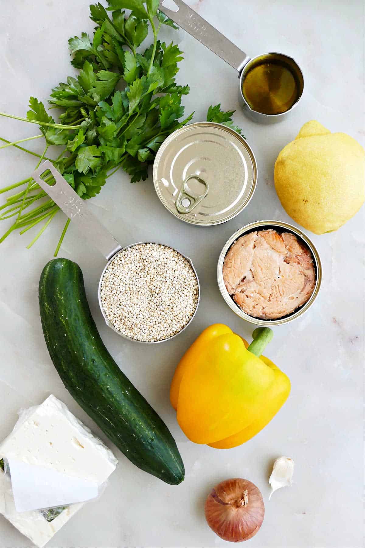 parsley, cucumber, feta cheese, bell pepper, quinoa, salmon, lemon, shallot, and garlic on a counter