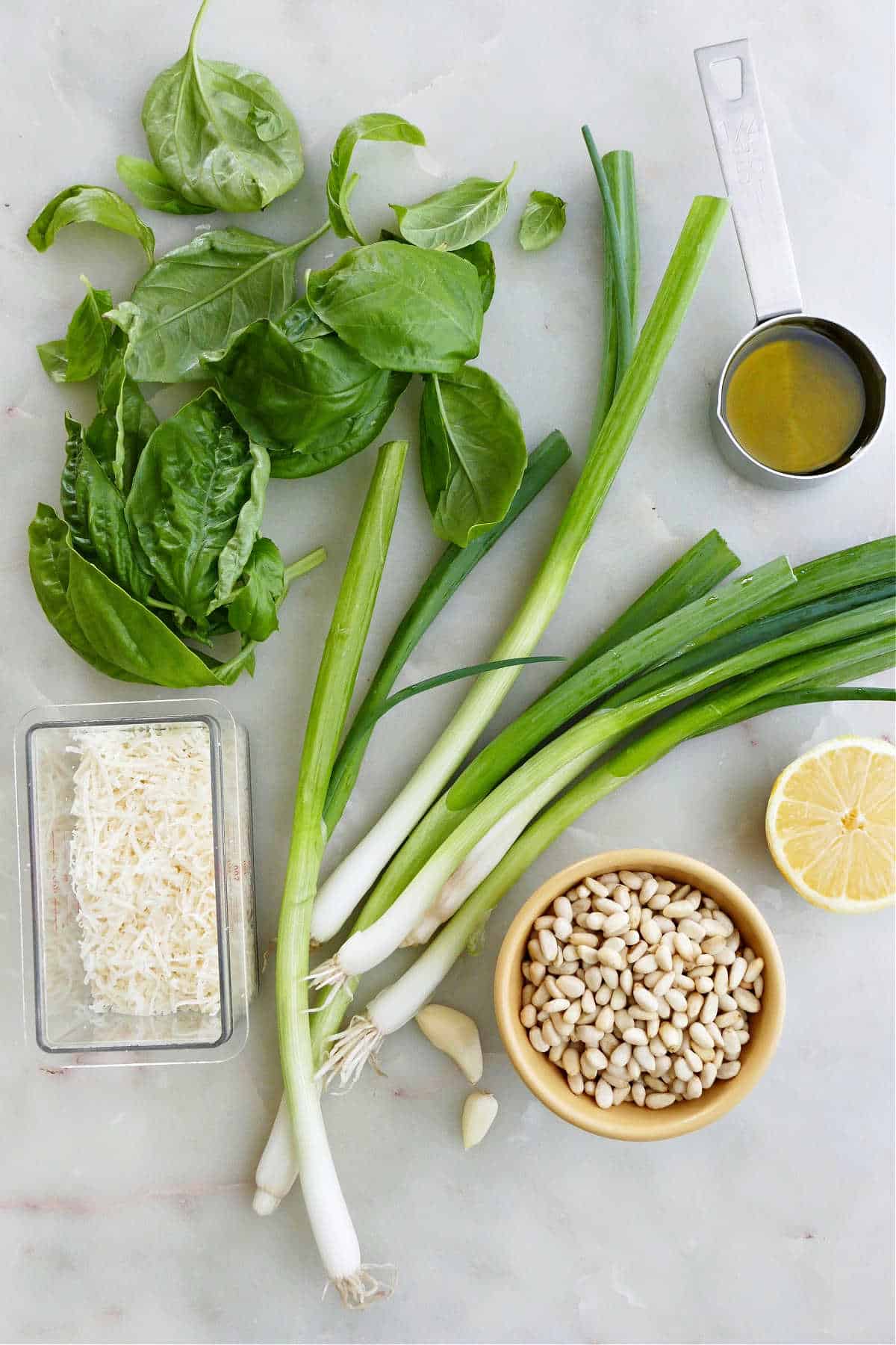 fresh basil, green onions, olive oil, lemon, garlic, and parmesan cheese on a counter