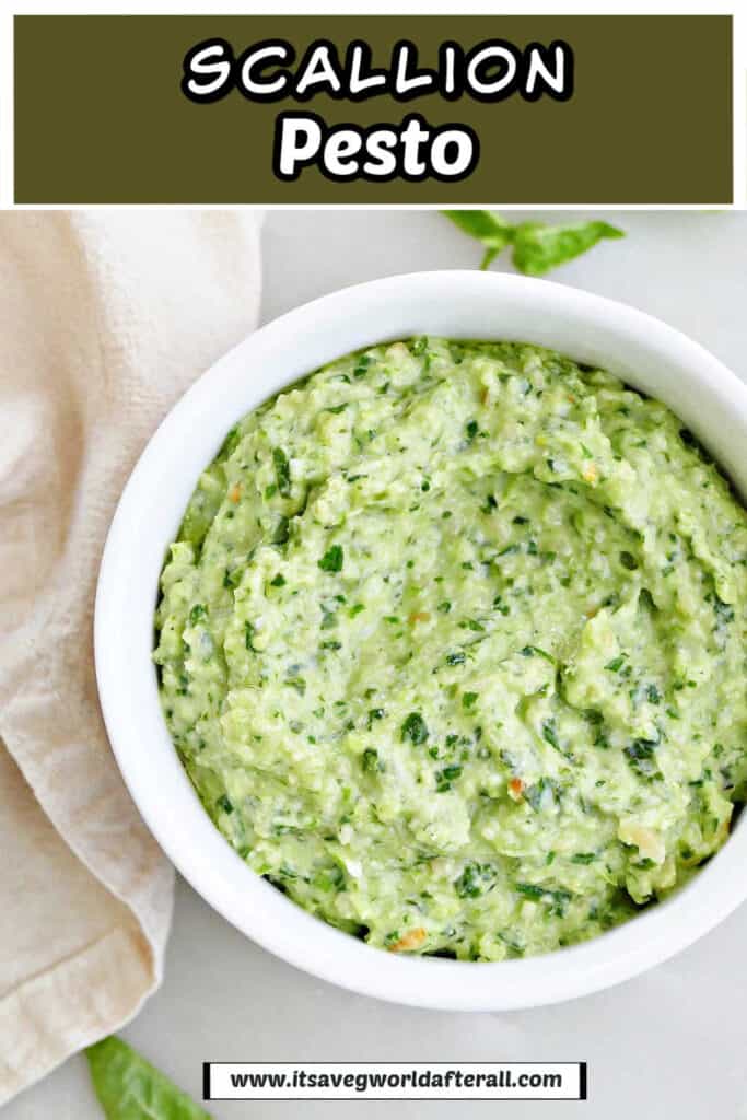 scallion pesto in a serving bowl with text boxes for recipe name and website